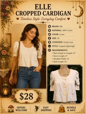 Elle Cream Cotton Cropped Cardigan XS Lightweight Knit